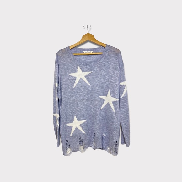 Davi & Dani Periwinkle Sheer Distressed Hem Star Sweater SZ S - Picture 13 of 13